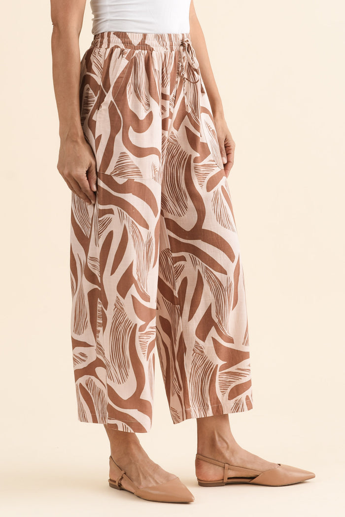 Minnelli Tan Abstract Linen Cotton Pants,brunette model,Side of Outfit,alt text|model:Cara