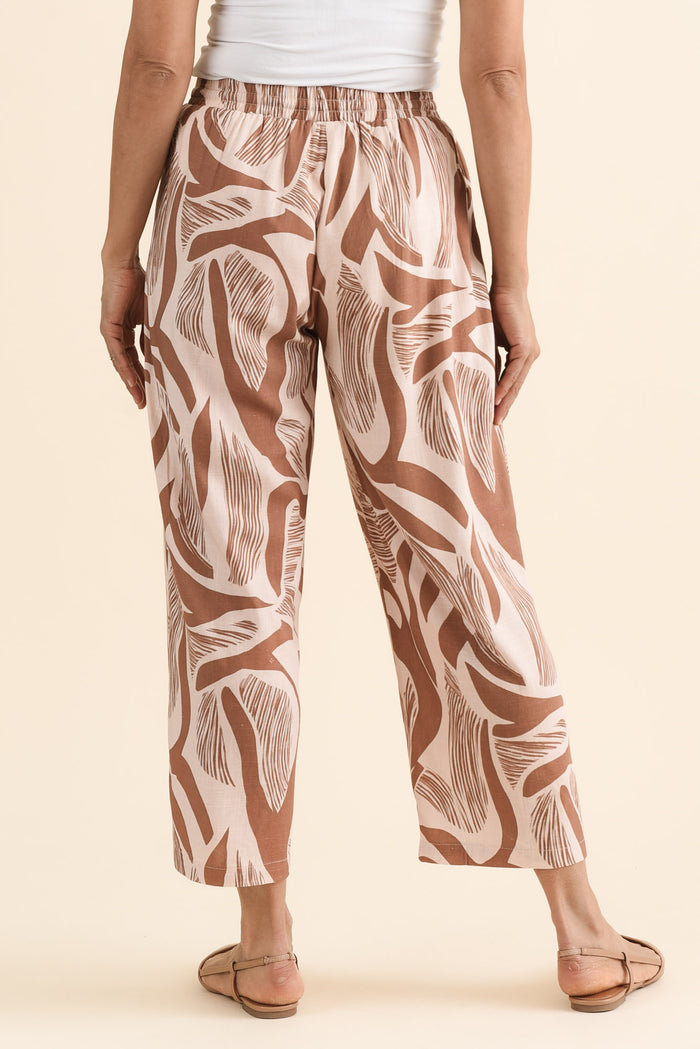 Minnelli Tan Abstract Linen Cotton Pants,brunette model,Back of Outfit,alt text|model:Cara