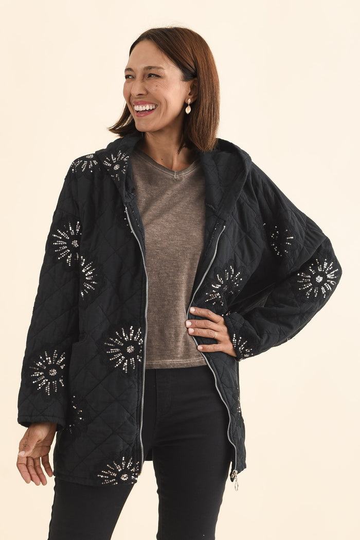 Mintaro Black Sequin Quilted Jacket,Brunette model,alt text|model:Cara