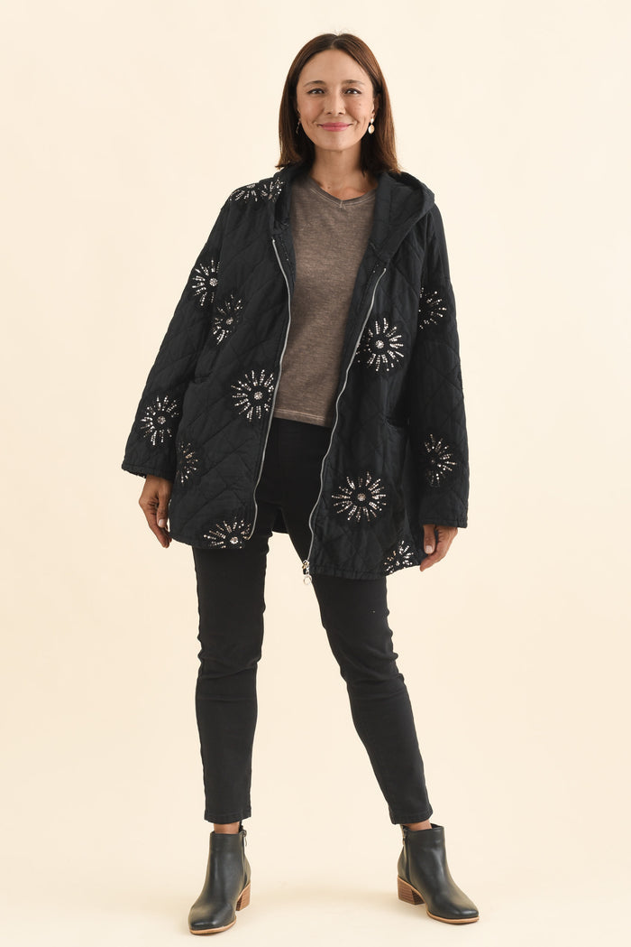 Mintaro Black Sequin Quilted Jacket,Brunette model,alt text|model:Cara