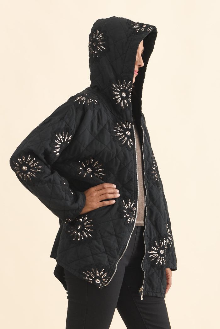 Mintaro Black Sequin Quilted Jacket,Brunette model,alt text|model:Cara