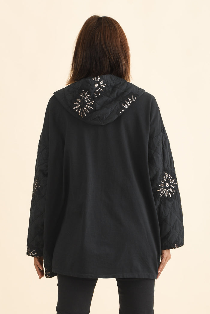 Mintaro Black Sequin Quilted Jacket,Brunette model,alt text|model:Cara