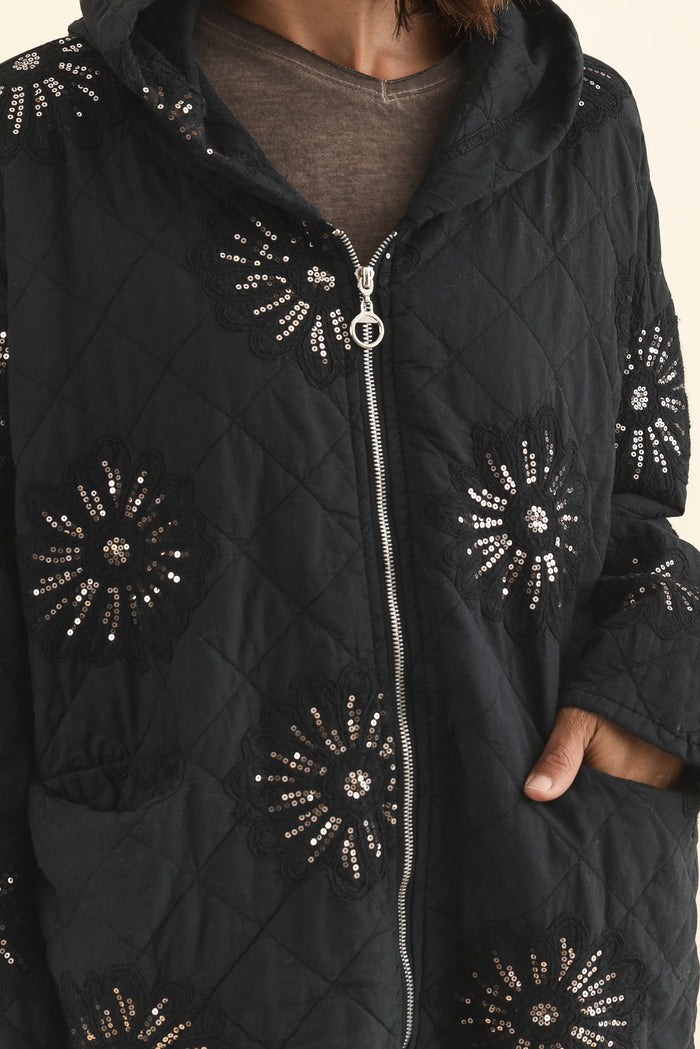 Mintaro Black Sequin Quilted Jacket,Brunette model,alt text|model:Cara