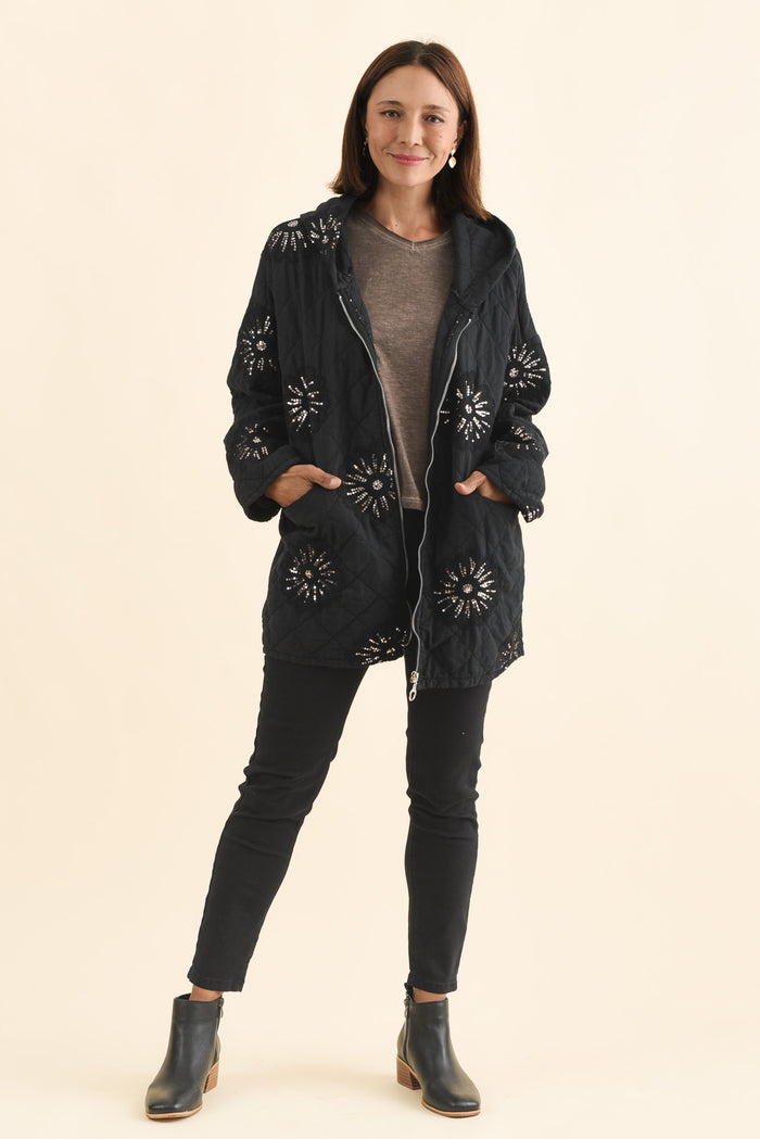 Mintaro Black Sequin Quilted Jacket,Brunette model,alt text|model:Cara