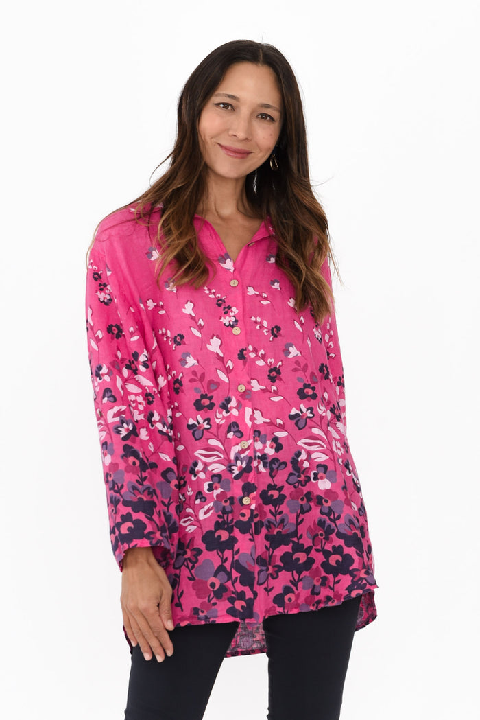 Mira Fuchsia Floral Linen Shirt,Brunette model,alt text|model:Cara
