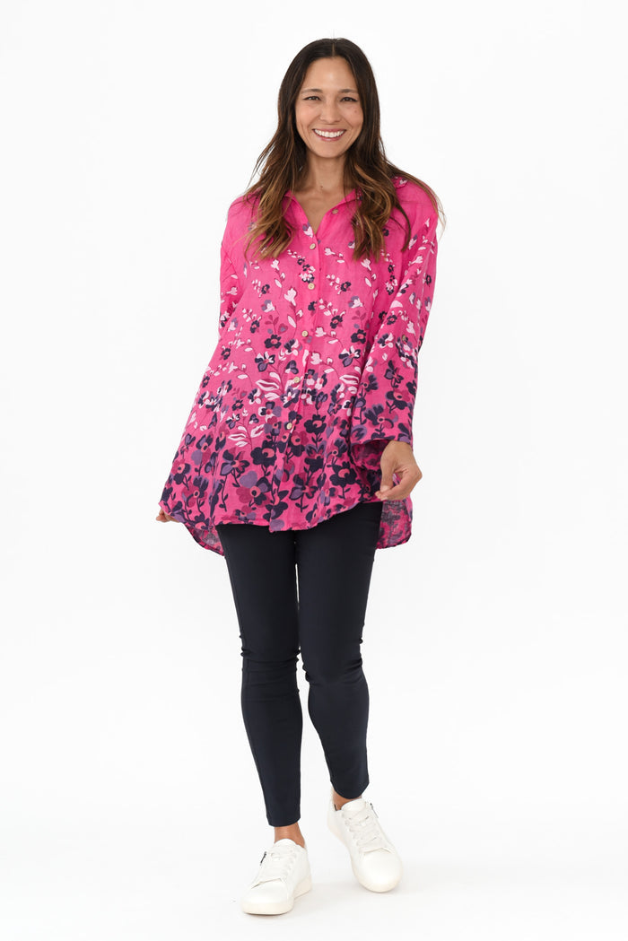 Mira Fuchsia Floral Linen Shirt,Brunette model,alt text|model:Cara