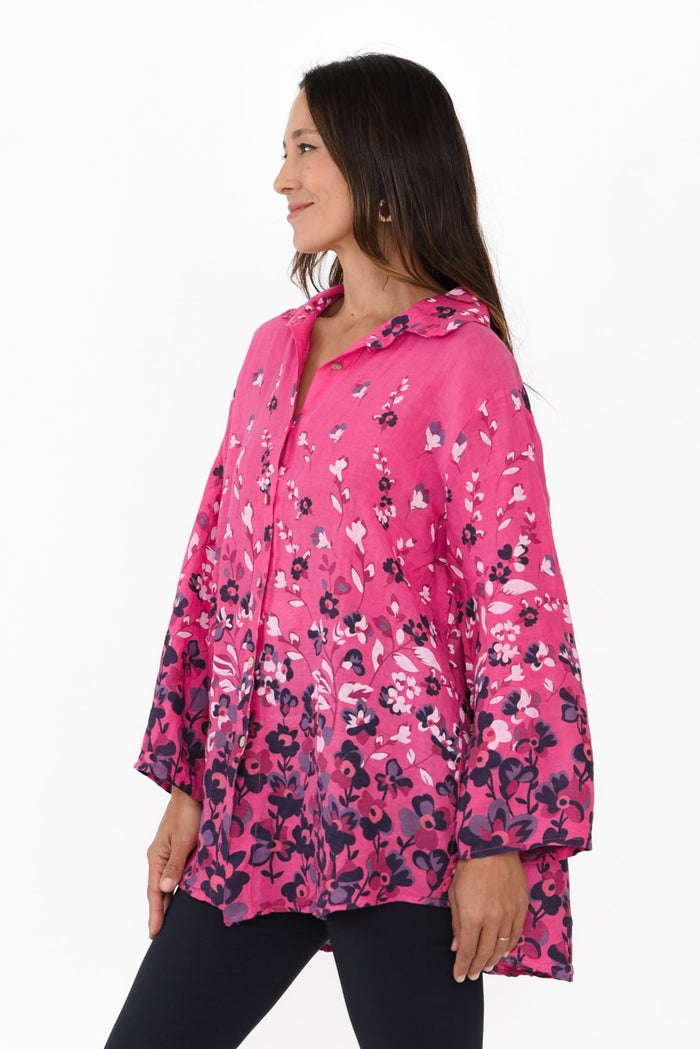 Mira Fuchsia Floral Linen Shirt,Brunette model,alt text|model:Cara