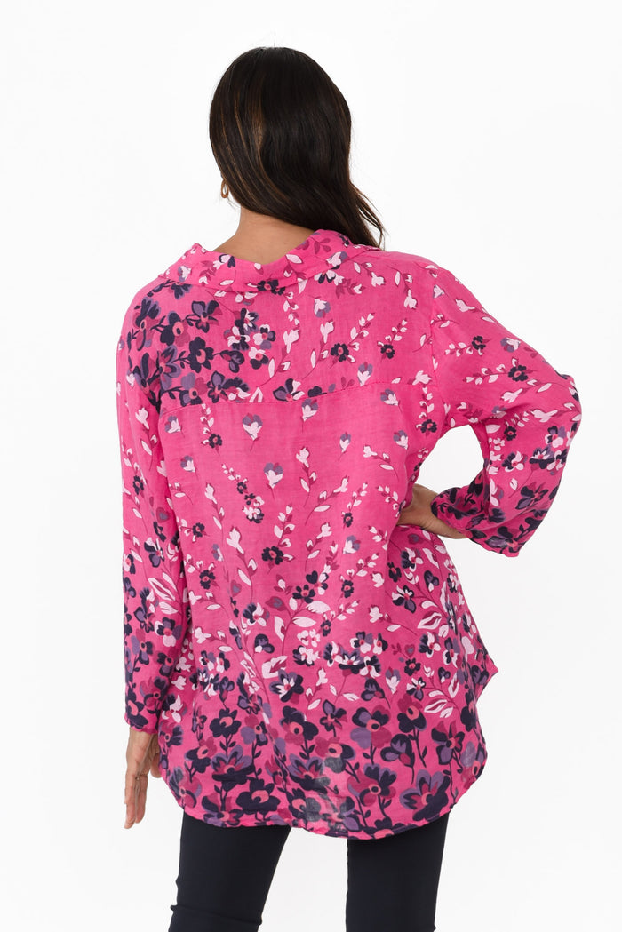 Mira Fuchsia Floral Linen Shirt,Brunette model,alt text|model:Cara