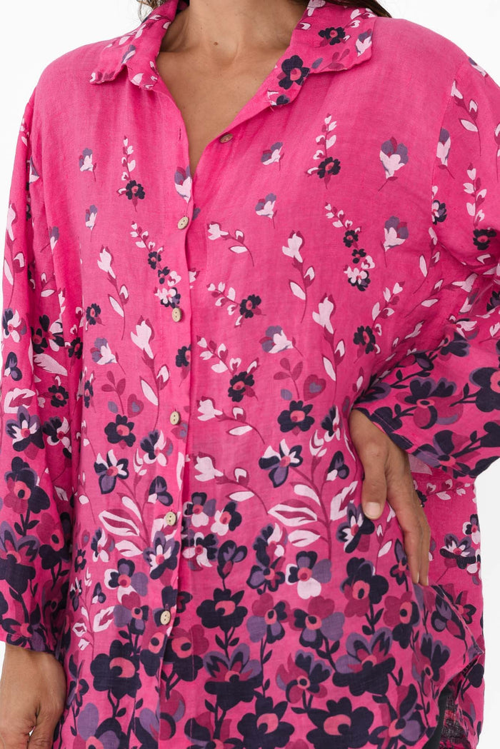 Mira Fuchsia Floral Linen Shirt,Brunette model,alt text|model:Cara