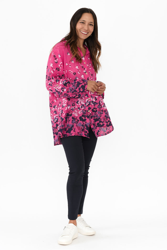 Mira Fuchsia Floral Linen Shirt,Brunette model,alt text|model:Cara