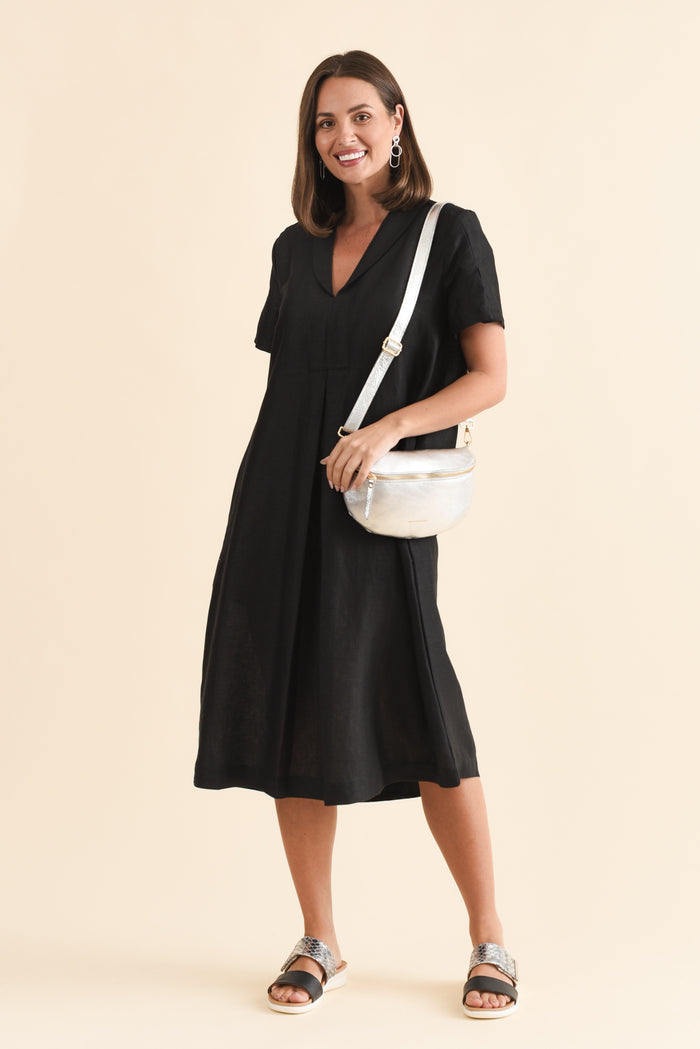 Miranda Black Linen Collared Dress,Brunette model,alt text|model:MJ