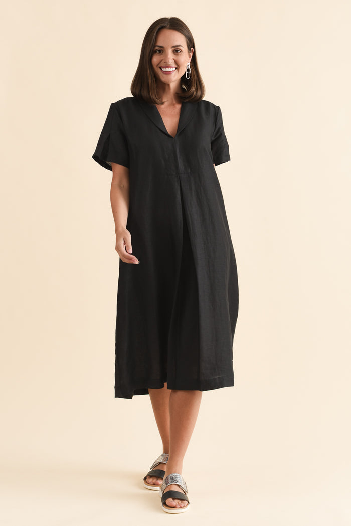 Miranda Black Linen Collared Dress,Brunette model,alt text|model:MJ