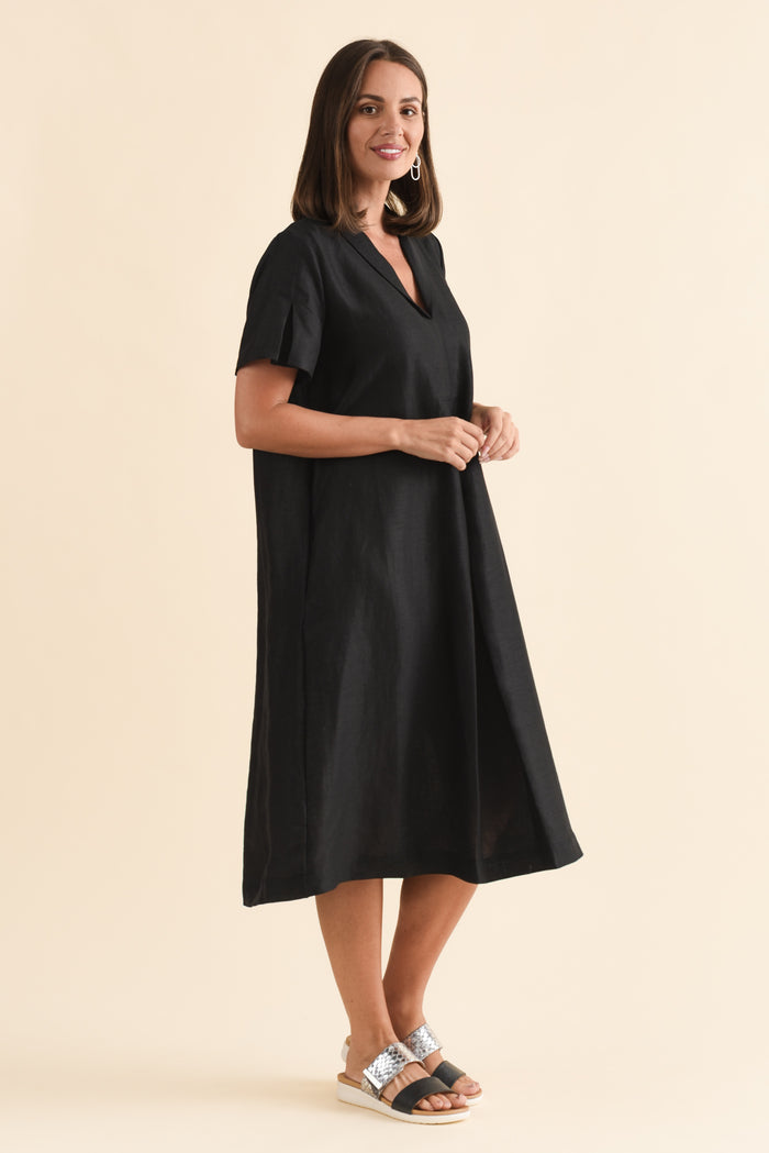 Miranda Black Linen Collared Dress,Brunette model,alt text|model:MJ