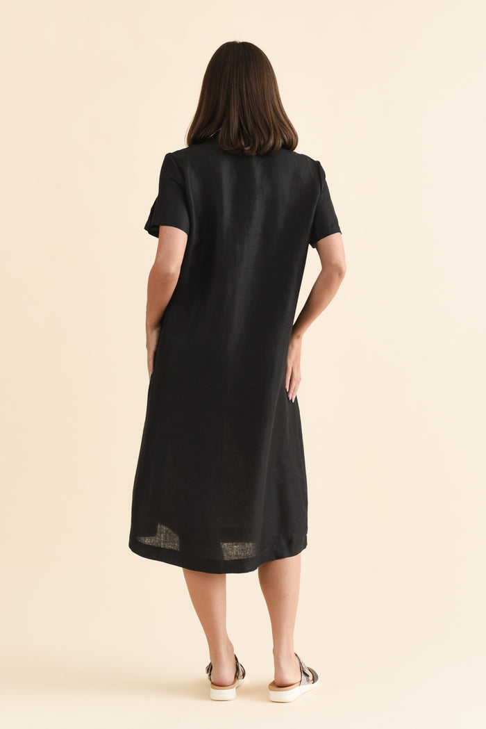 Miranda Black Linen Collared Dress,Brunette model,alt text|model:MJ