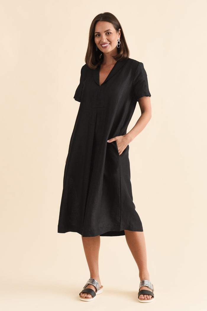 Miranda Black Linen Collared Dress,Brunette model,alt text|model:MJ