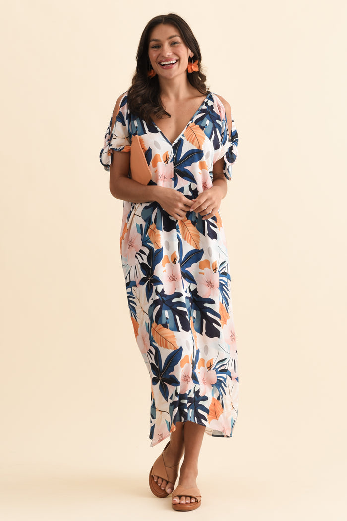Miranda Navy Garden Cold Shoulder Kaftan,Brunette model,alt text|model:Brontie