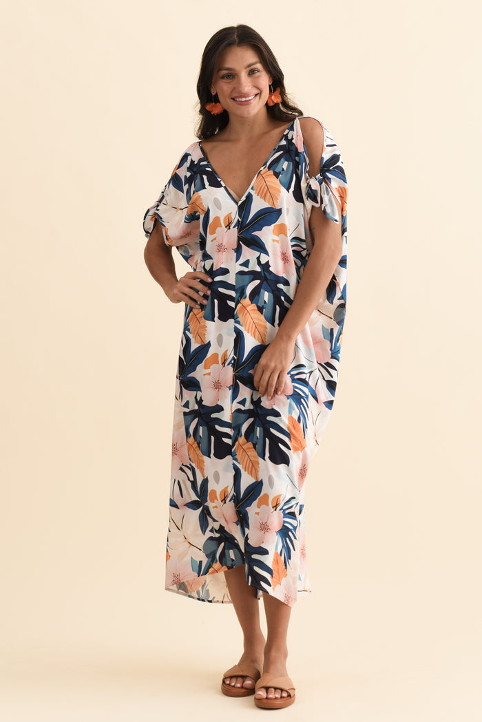 Miranda Navy Garden Cold Shoulder Kaftan,Brunette model,alt text|model:Brontie