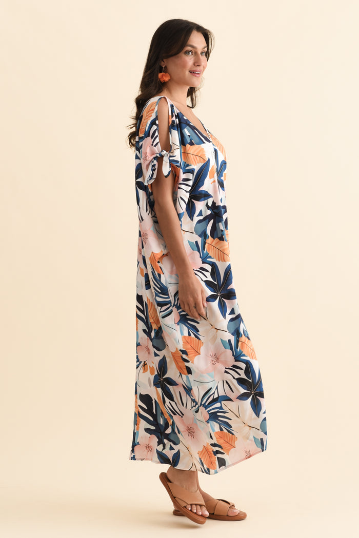Miranda Navy Garden Cold Shoulder Kaftan,Brunette model,alt text|model:Brontie