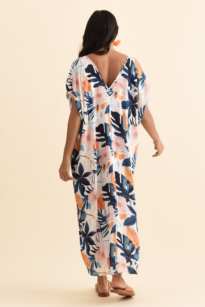 Miranda Navy Garden Cold Shoulder Kaftan,Brunette model,alt text|model:Brontie