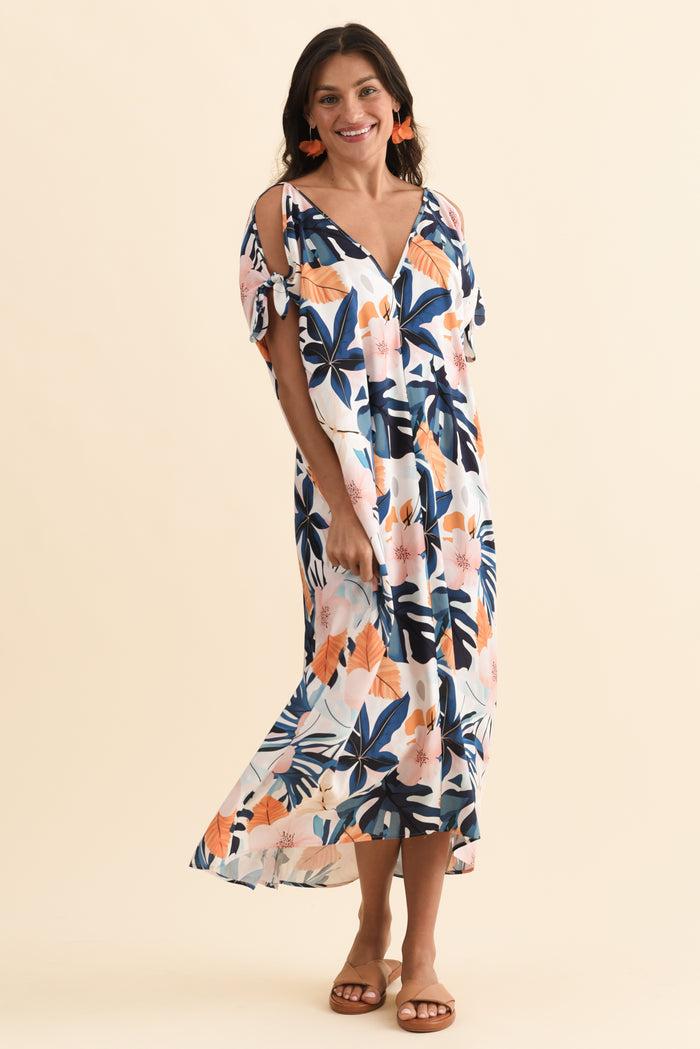 Miranda Navy Garden Cold Shoulder Kaftan,Brunette model,alt text|model:Brontie