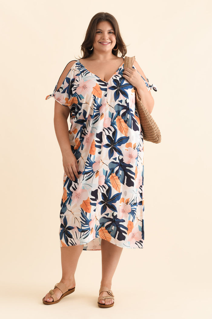 Miranda Navy Garden Cold Shoulder Kaftan,Brunette model,plus-size,curve-dresses,plus-size-maxi-dresses,curve-kaftans,plus-size-summer-dresses,alt text|model:Gabby