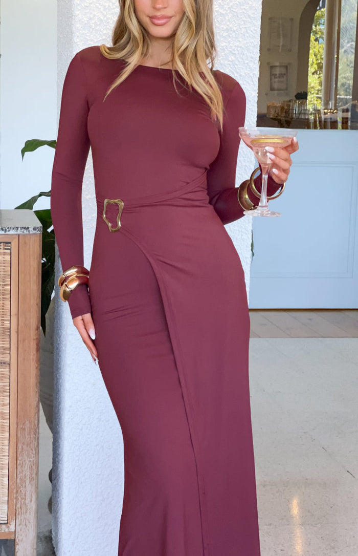 Beginning Boutique Misaki Burgundy Long Sleeve Wrap Maxi Dress burgundy round neck long sleeve maxi dress with a wrap front a