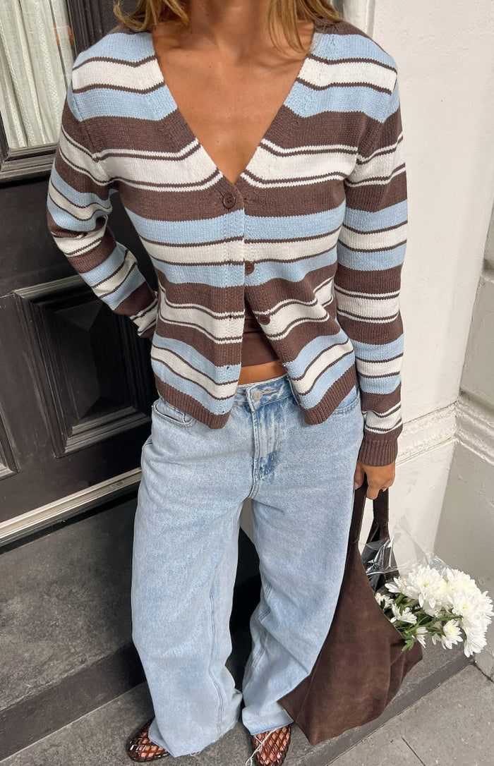 Beginning Boutique Misha Brown and Blue Stripe Button Down Cardigan brown blue and white striped knit V-neck cardigan with bu