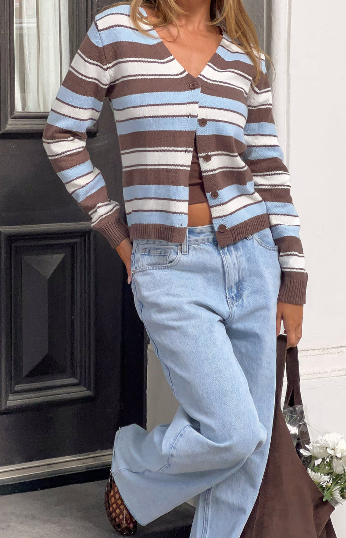 Brown, blue, and white striped button-down cardigan with a V-neck, ribbed cuffs, and hem