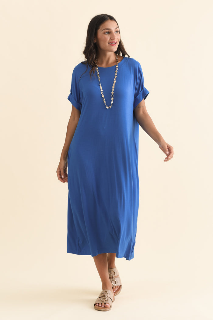 Monica Blue Bamboo Dress,Brunette model,alt text|model:Brontie