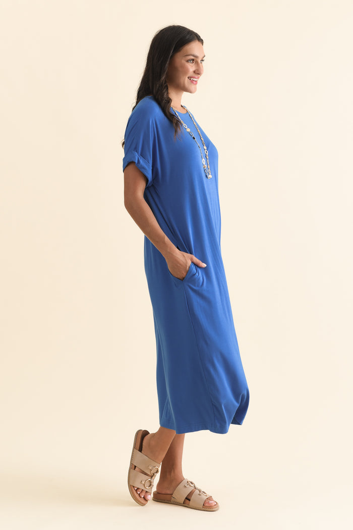 Monica Blue Bamboo Dress,Brunette model,alt text|model:Brontie