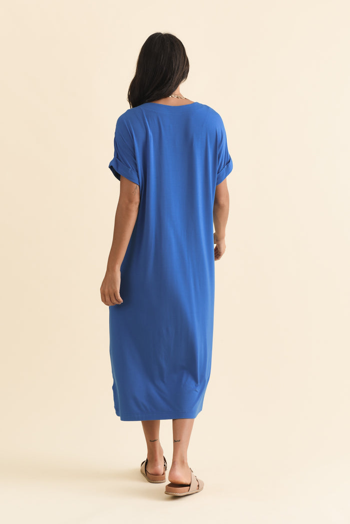 Monica Blue Bamboo Dress,Brunette model,alt text|model:Brontie