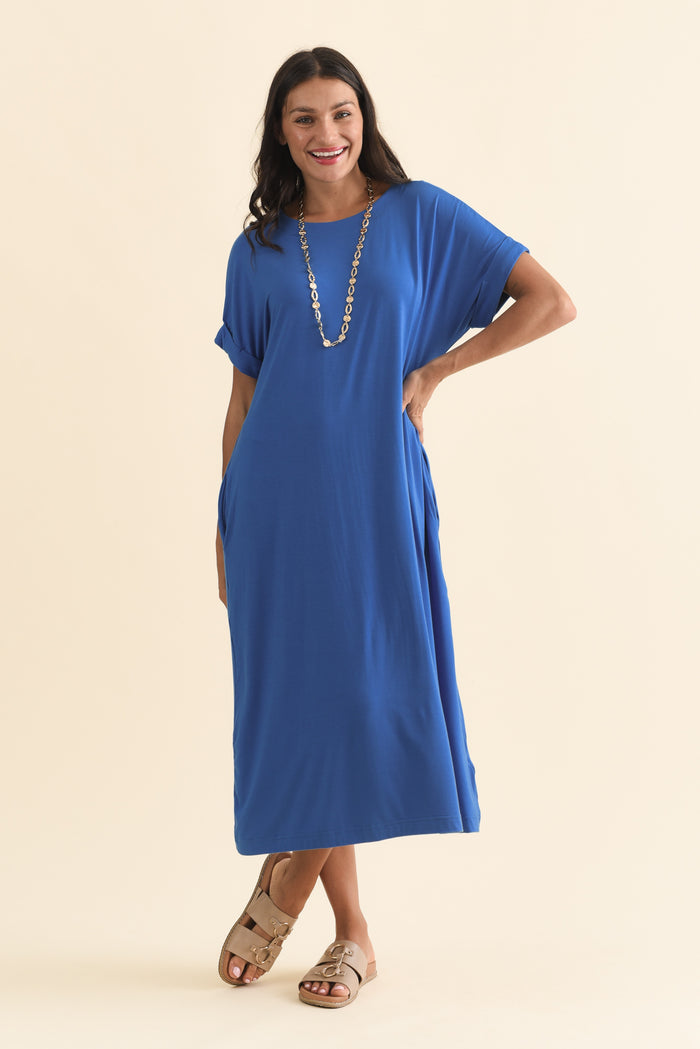 Monica Blue Bamboo Dress,Brunette model,alt text|model:Brontie