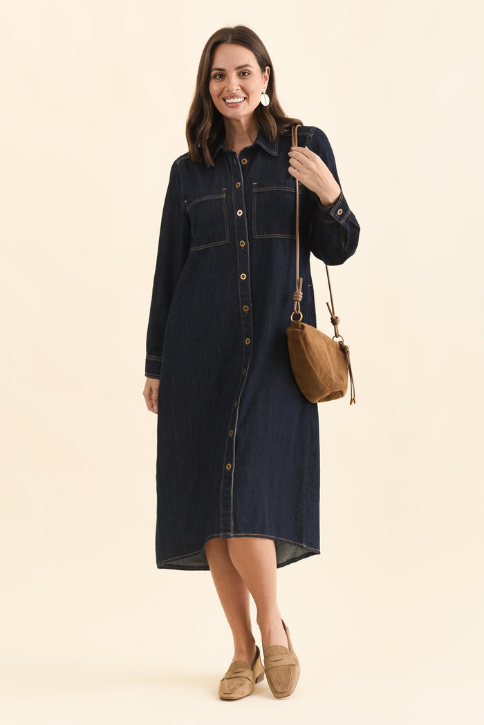 Montana Dark Blue Denim Shirt Dress,Front,Brunette model,alt text|model:MJ