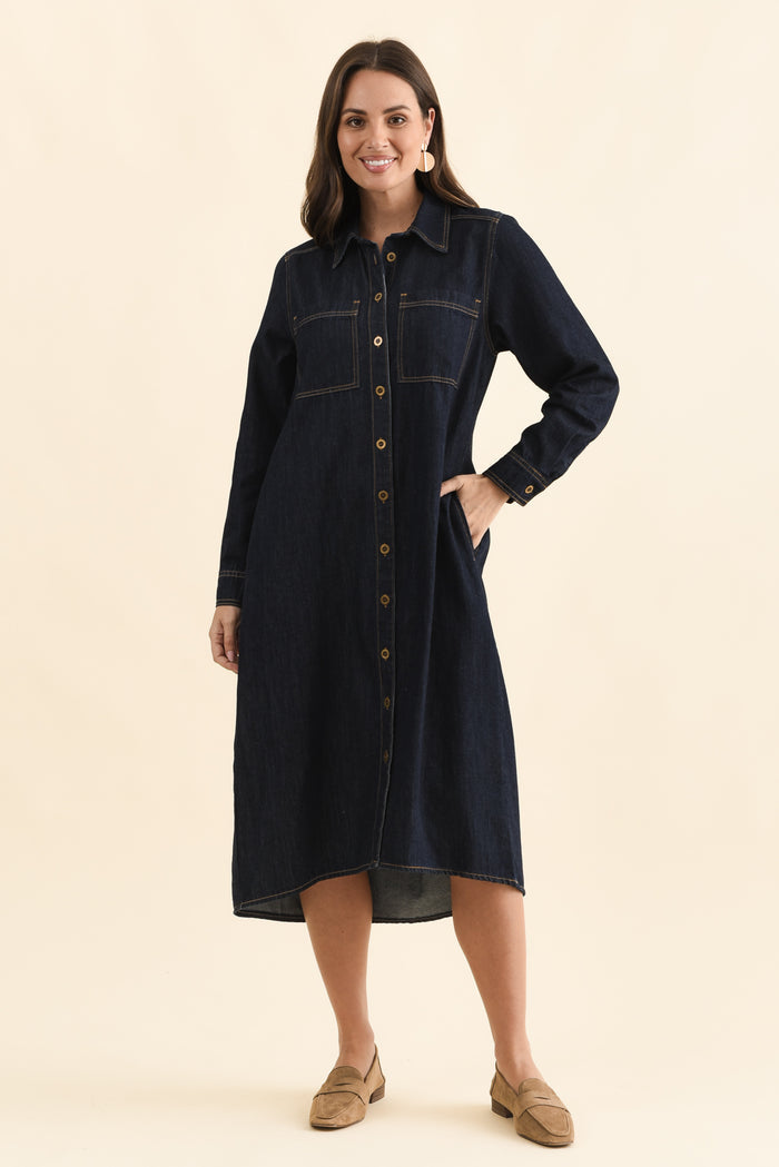 Montana Dark Blue Denim Shirt Dress,Full Body,Brunette model,alt text|model:MJ