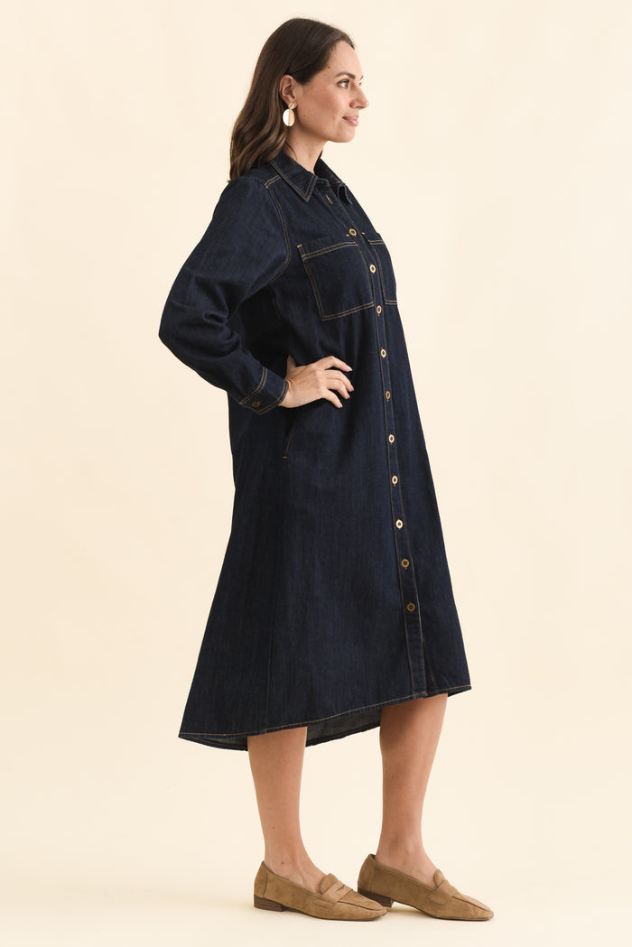 Montana Dark Blue Denim Shirt Dress,Side,Brunette model,alt text|model:MJ