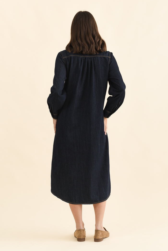 Montana Dark Blue Denim Shirt Dress,Back,Brunette model,alt text|model:MJ