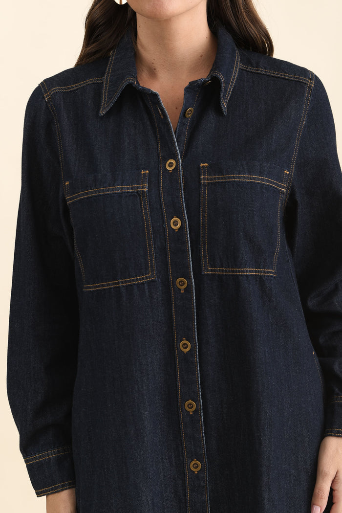 Montana Dark Blue Denim Shirt Dress,Detail,Brunette model,alt text|model:MJ