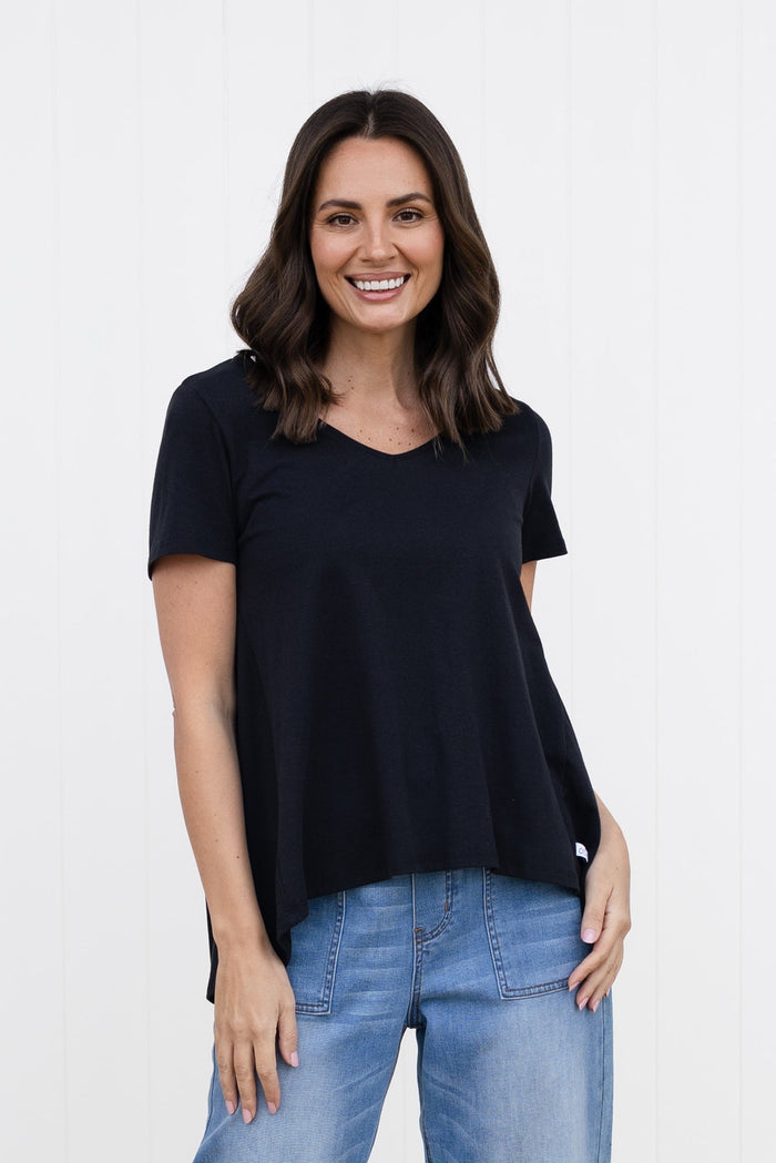 Montreal Black Cotton Tee,brunette model,Front of Outfit,Lifestyle
