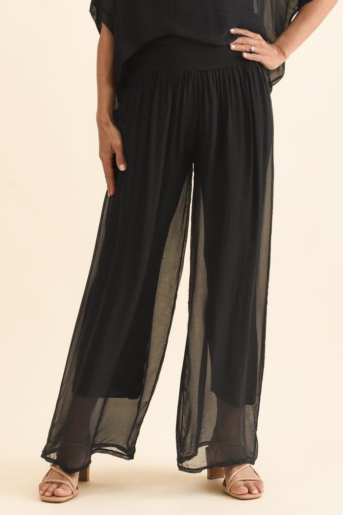 Mora Black Silk Layer Pants,Front,Brunette model,alt text|model:Cara