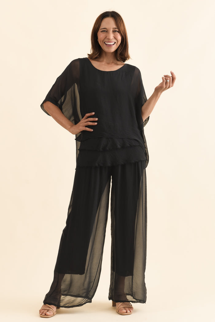 Mora Black Silk Layer Pants,Full Body,Brunette model,alt text|model:Cara