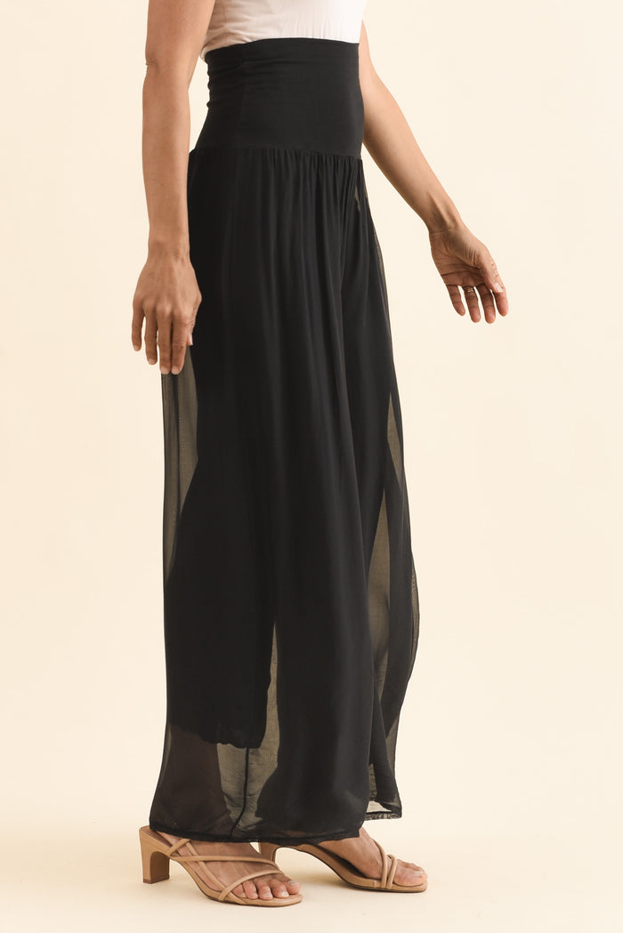 Mora Black Silk Layer Pants,Side,Brunette model,alt text|model:Cara