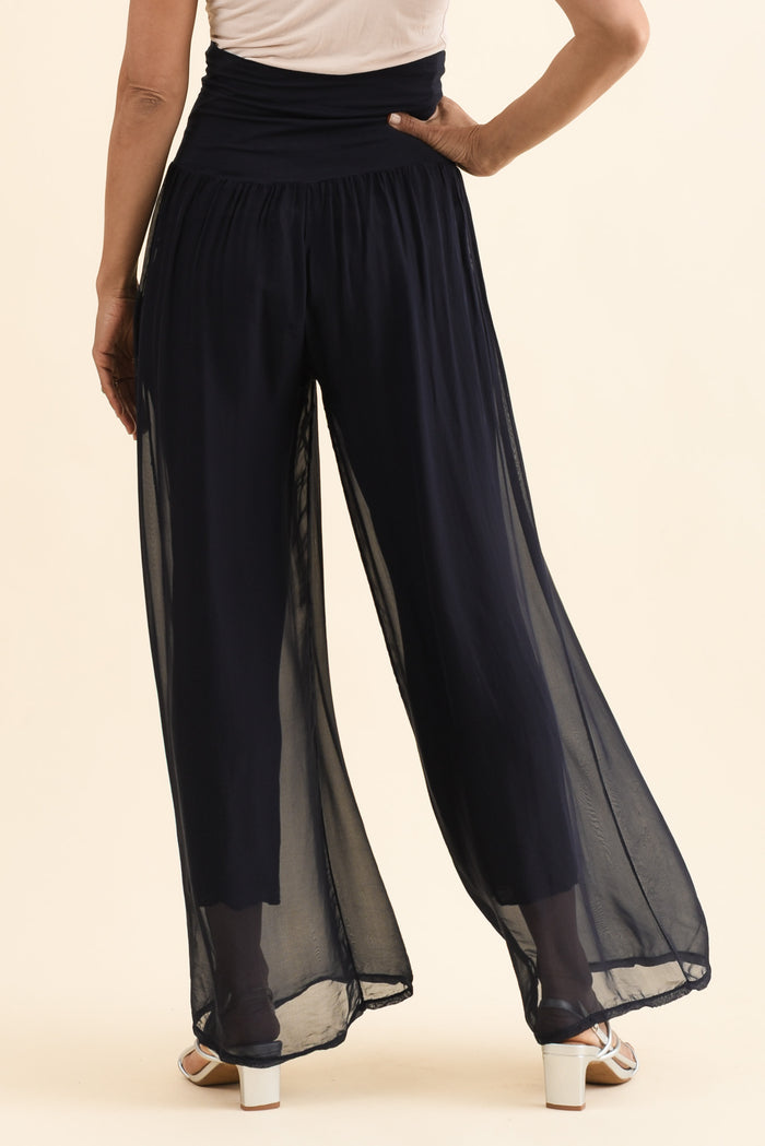 Mora Black Silk Layer Pants,Back,Brunette model,alt text|model:Cara