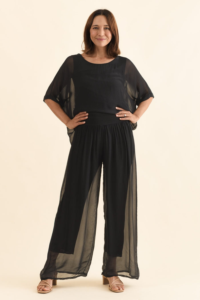 Mora Black Silk Layer Pants,Full Body,Brunette model,alt text|model:Cara