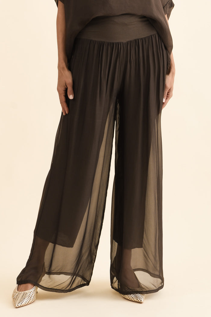 Mora Chocolate Silk Layer Pants,Front,Brunette model,alt text|model:Cara
