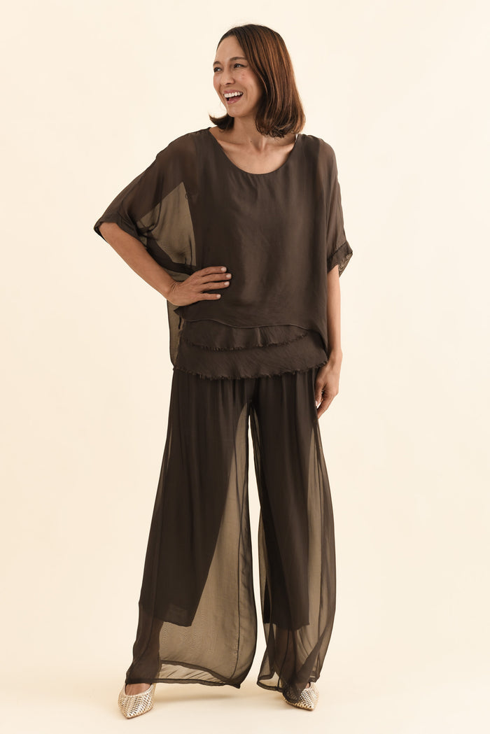 Mora Chocolate Silk Layer Pants,Full Body,Brunette model,alt text|model:Cara