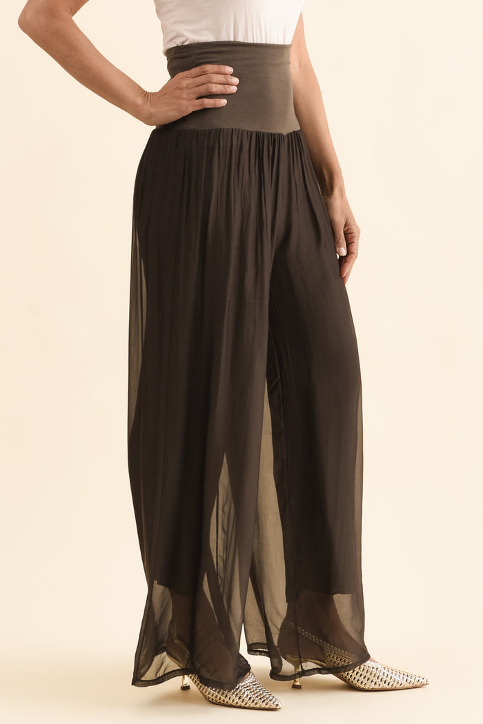 Mora Chocolate Silk Layer Pants,Back,Brunette model,alt text|model:Cara