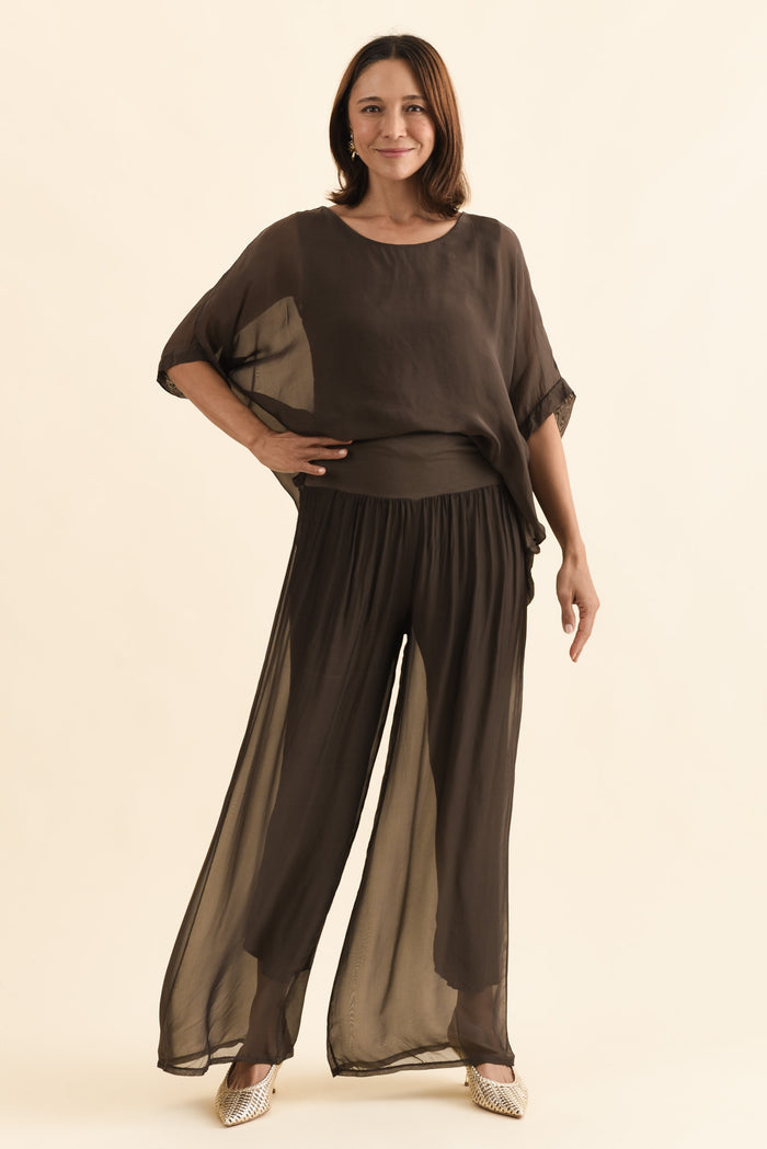 Mora Chocolate Silk Layer Pants,Full Body,Brunette model,alt text|model:Cara