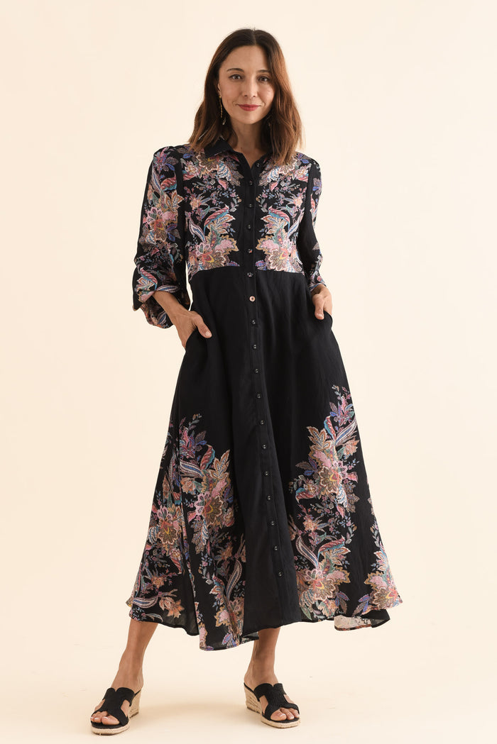 Moray Black Floral Shirt Dress,Full Body,Brunette model,alt text|model:Cara