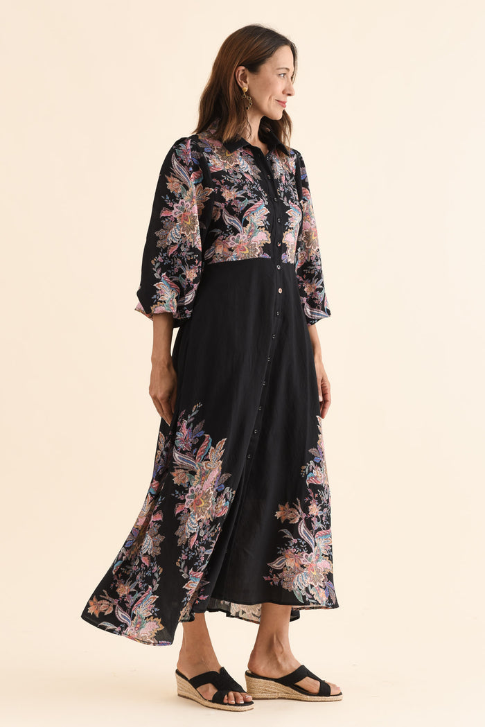 Moray Black Floral Shirt Dress,Side,Brunette model,alt text|model:Cara