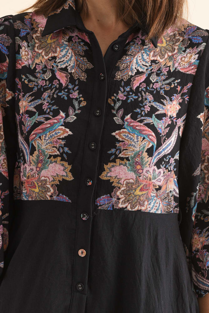 Moray Black Floral Shirt Dress,Detail,Brunette model,alt text|model:Cara
